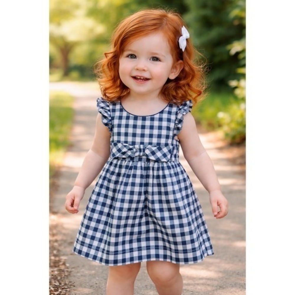 Mayoral Gingham Dress‎ Girls Size 2 Navy Blue Ruffle Bow Crossover Back  New